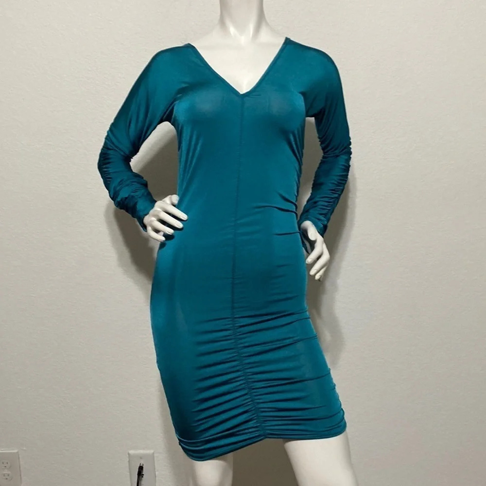 Stefanel Teal Long Sleeve Bodycon Ruched V-Neck Dress Size XS